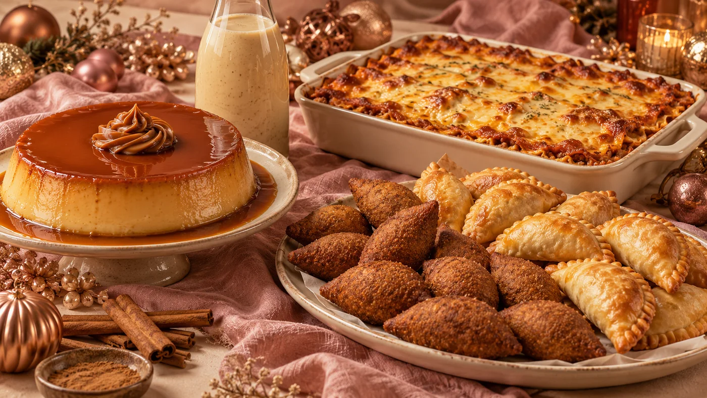 Mesa navideña de Dulce Rosa con lasaña, flan, picaderas y ponche. Imagen ilustrativa.